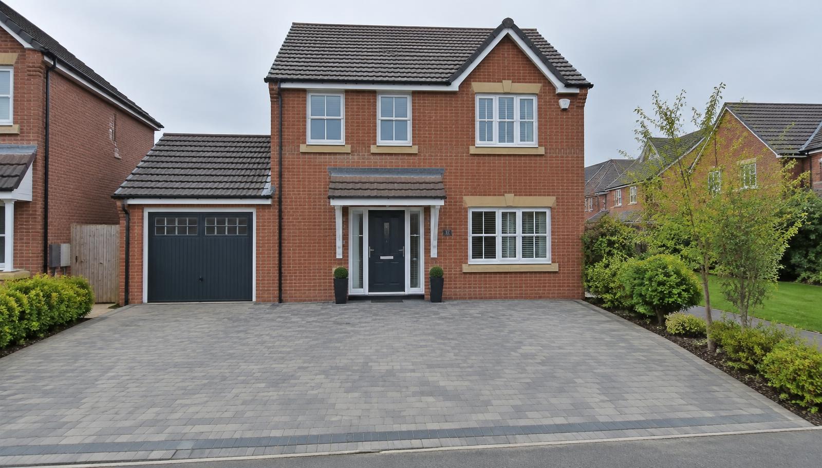 Block-paved driveway in front of a British brick house